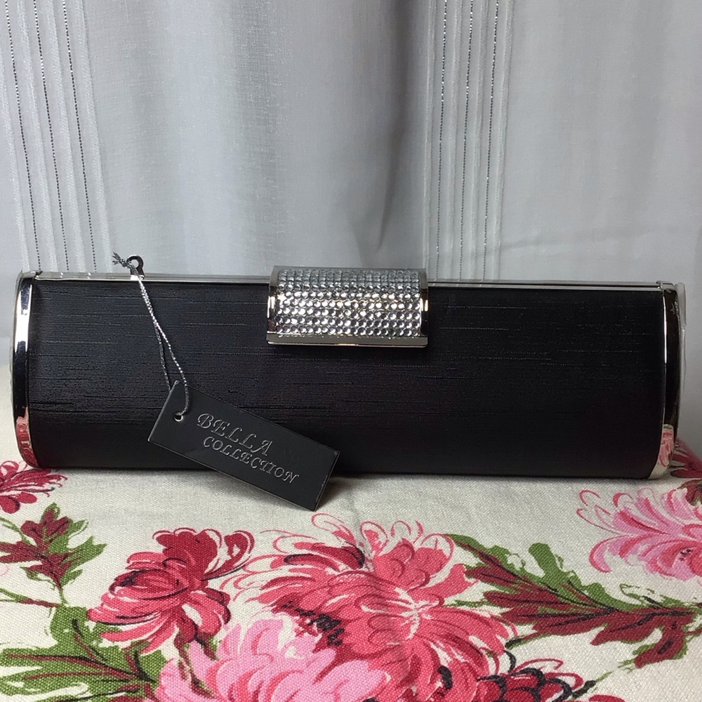 Bella Collection Black Duponie Clutch with Chrome Rhinestone Details